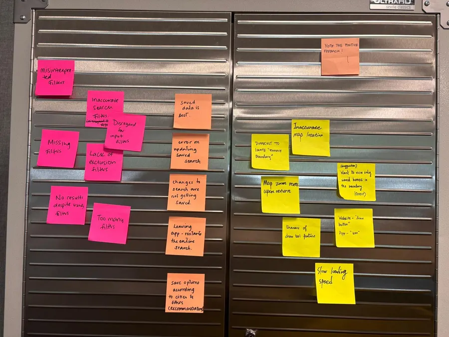 Sticky notes affinitized across a metal wall.