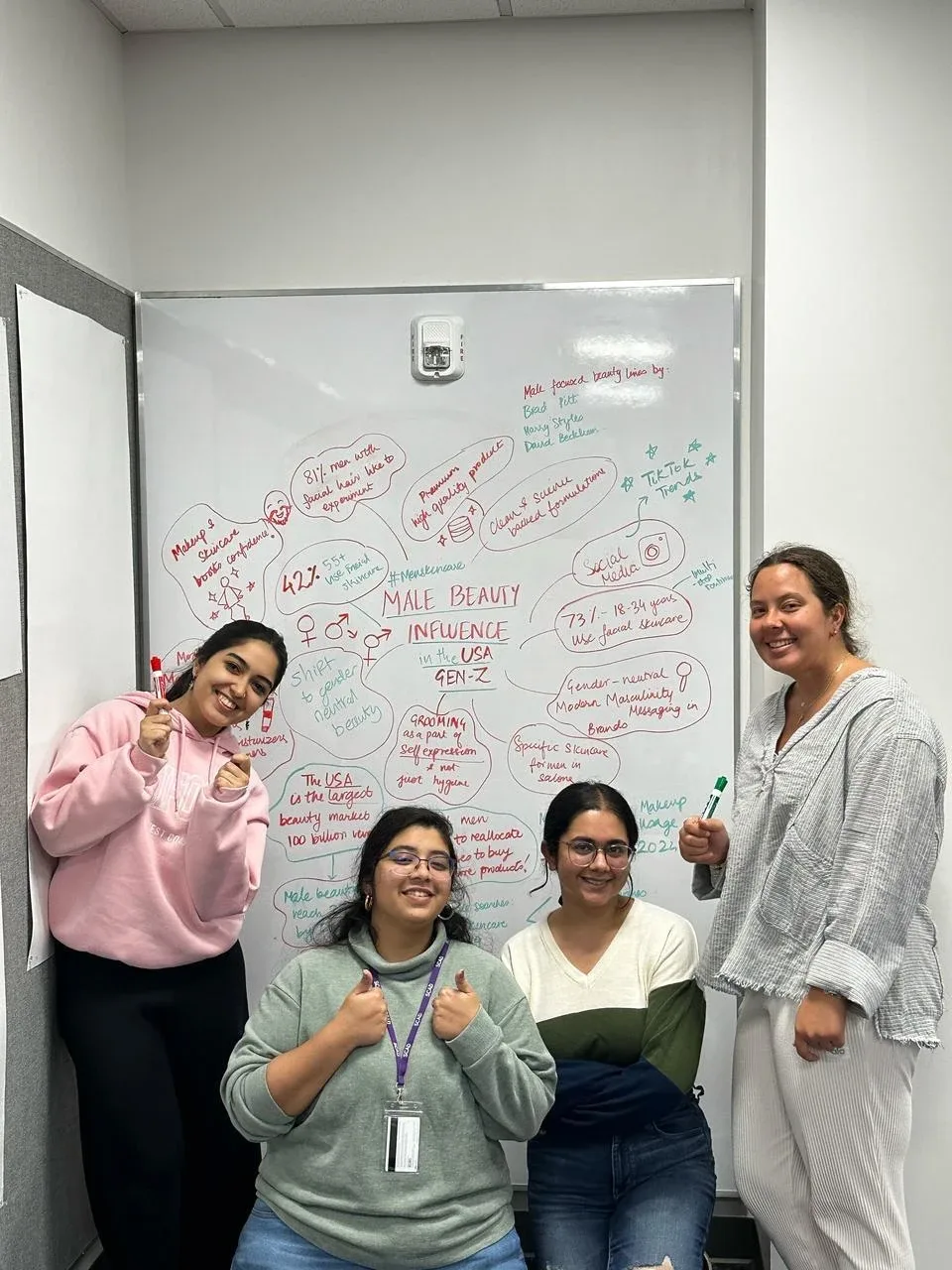 Navyaa and teammates beside a whiteboard full of research.