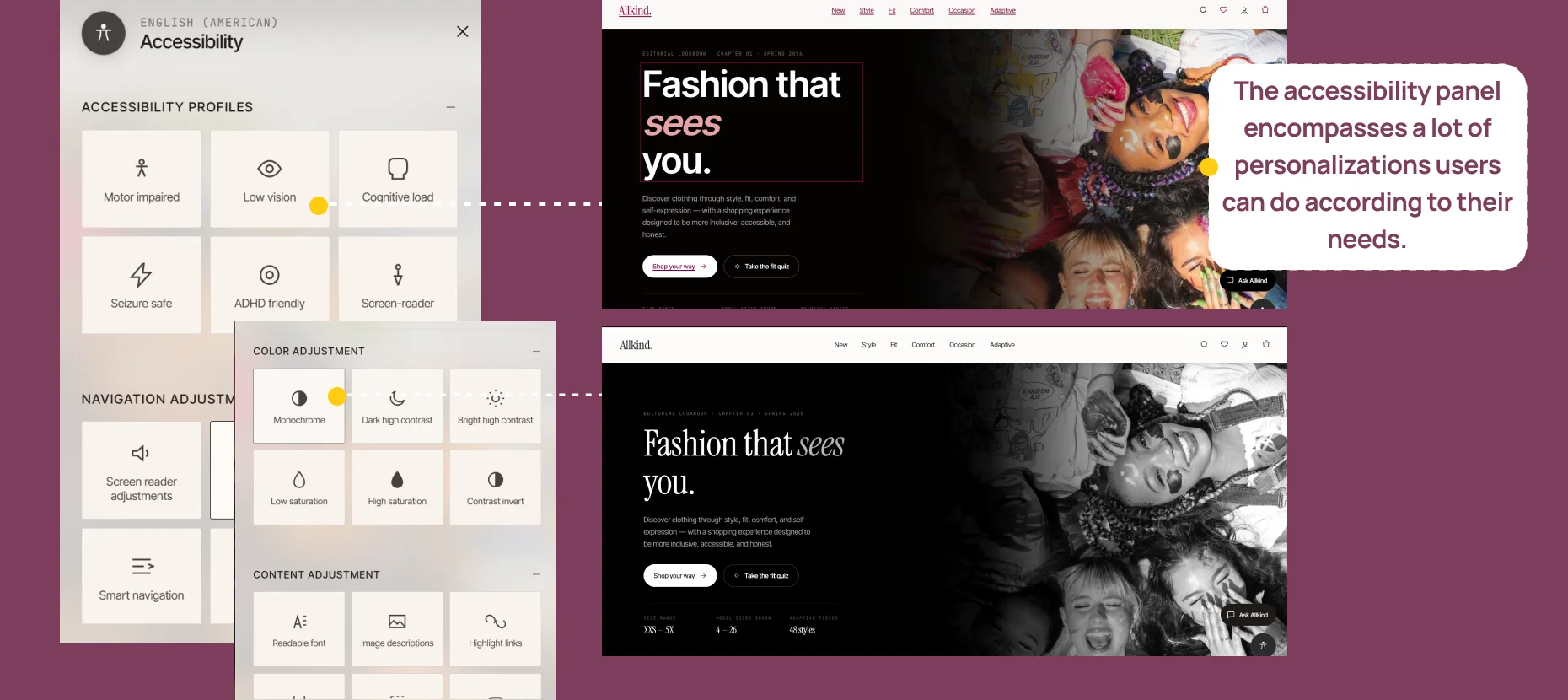 The accessibility panel beside the homepage in its default and high-contrast, monochrome states.