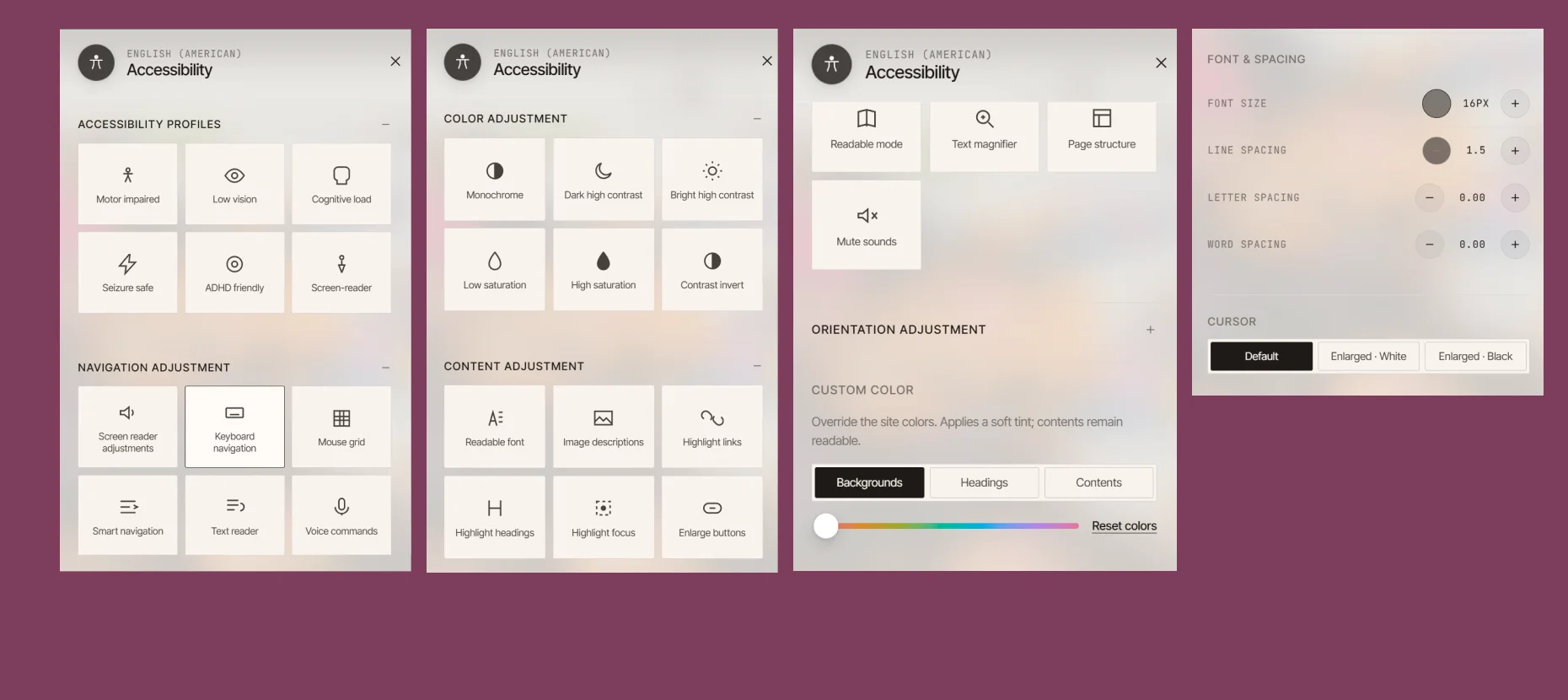 Four views of the accessibility panel: profiles, navigation adjustments, colour adjustments and content adjustments.