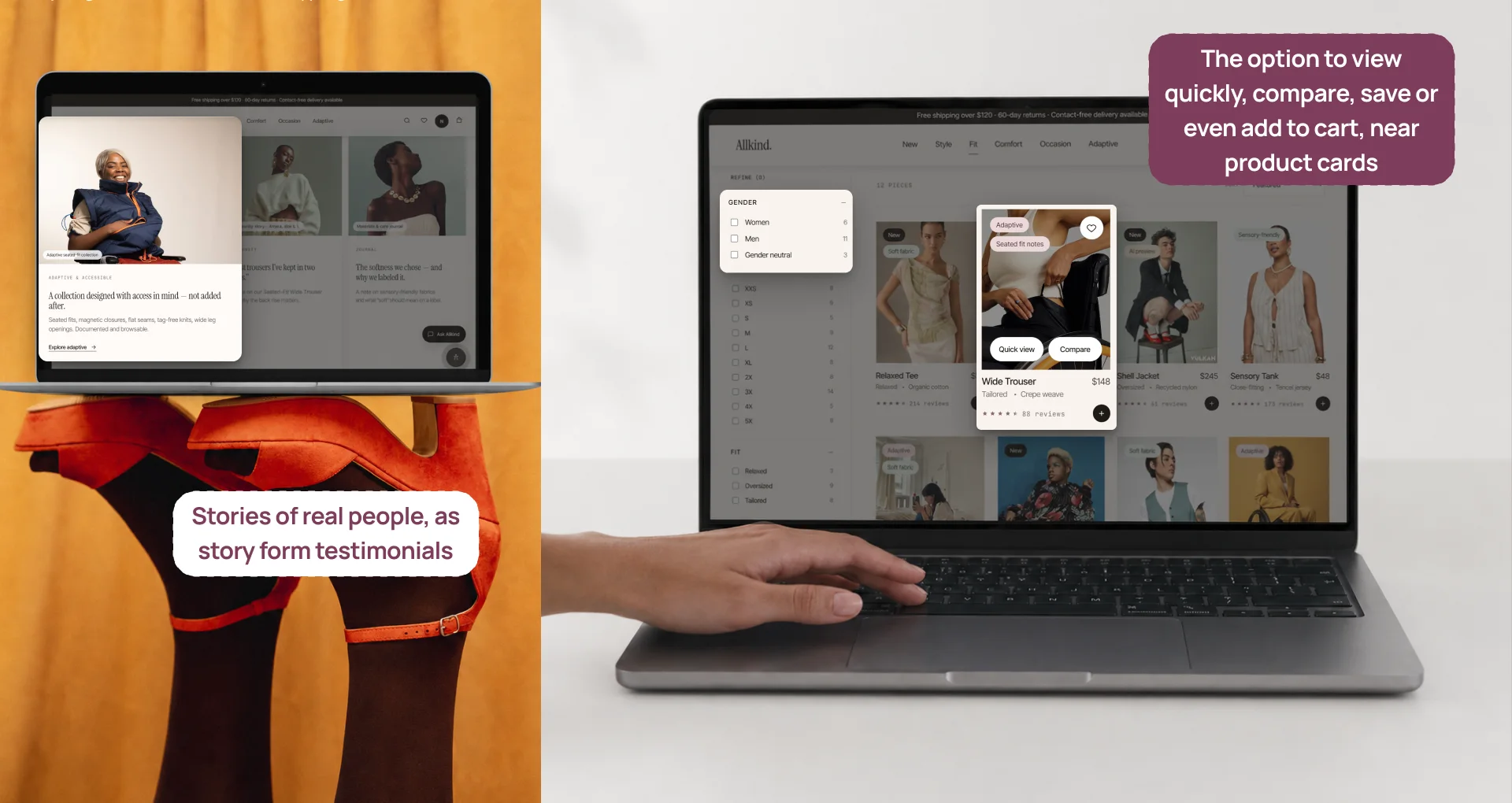 Two laptops: one showing story-form testimonials from real people, the other showing quick view, compare, save and add to cart next to product cards.