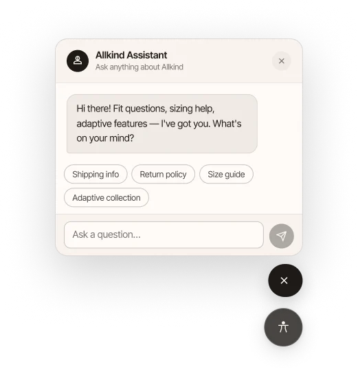 The Allkind Assistant greeting the user and offering help with fit, sizing, adaptive features and returns.