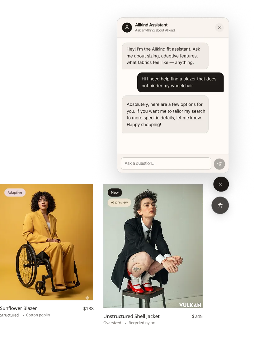 The assistant open beside product photos, with an option to talk to a human stylist.
