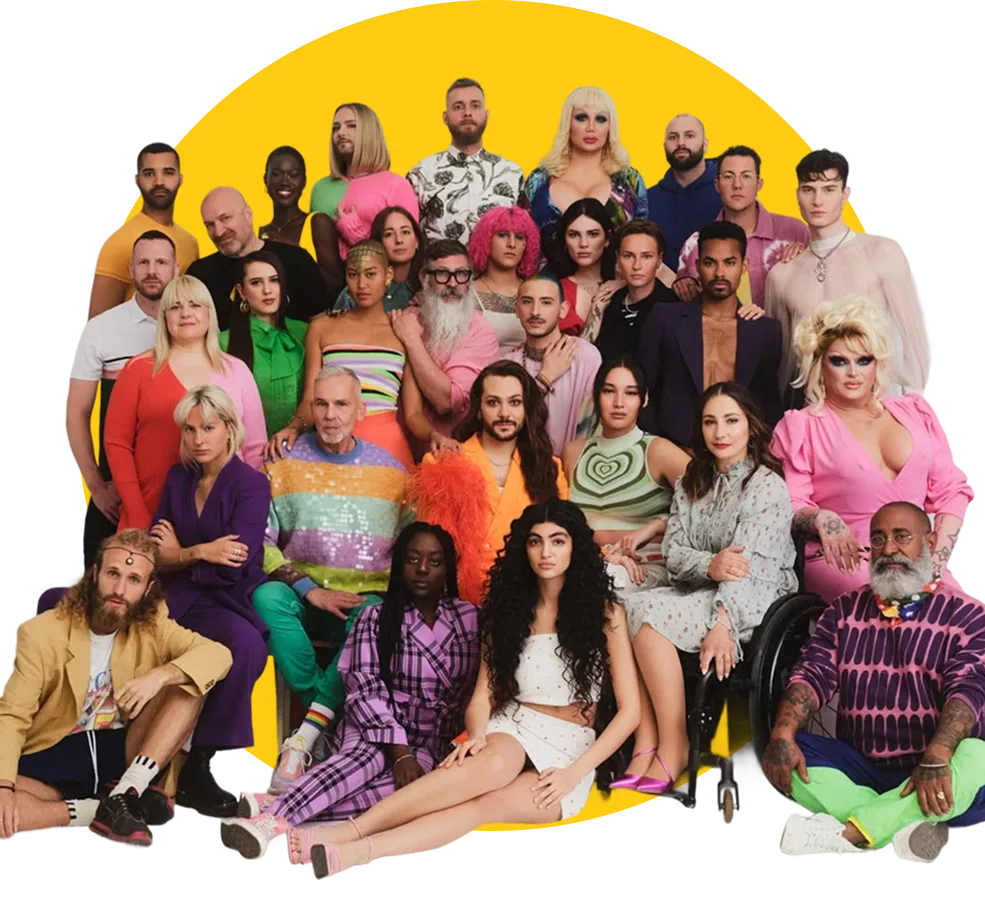 A large, diverse group of people of different ages, sizes, abilities and styles gathered in front of a yellow circle.