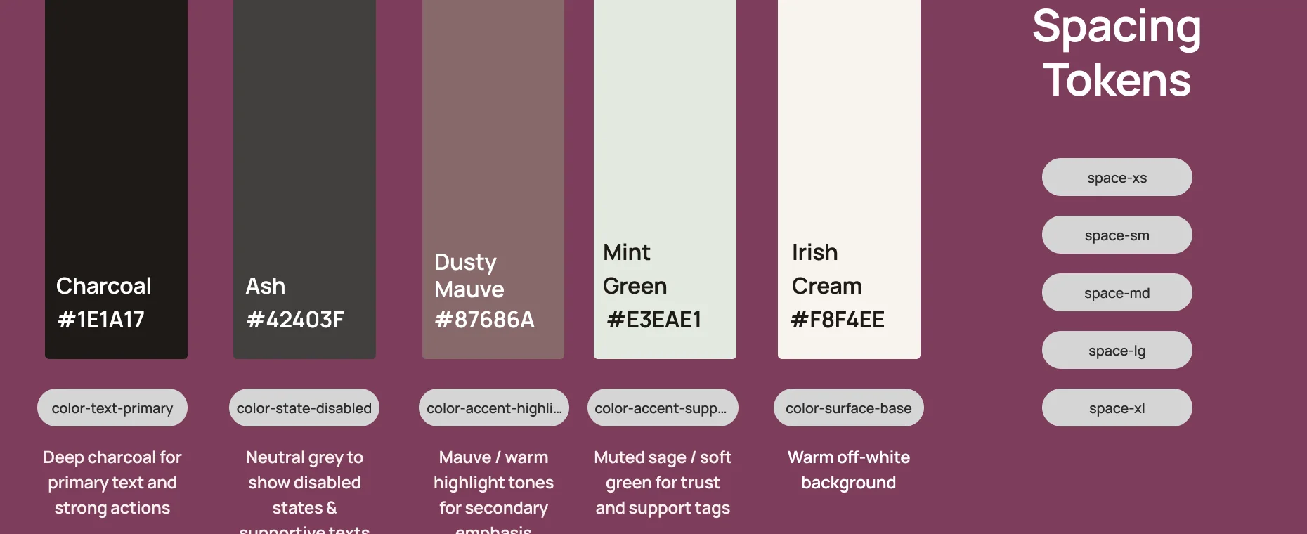 Colour scheme: Charcoal #1E1A17, Ash #42403F, Dusty Mauve #87686A, Mint Green #E3EAE1 and Irish Cream #F8F4EE, with spacing tokens.
