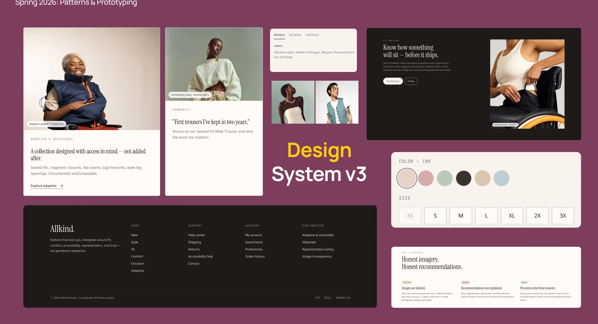 Homepage modules: the fit confidence banner, a community story, the adaptive seated-fit collection, and the footer.