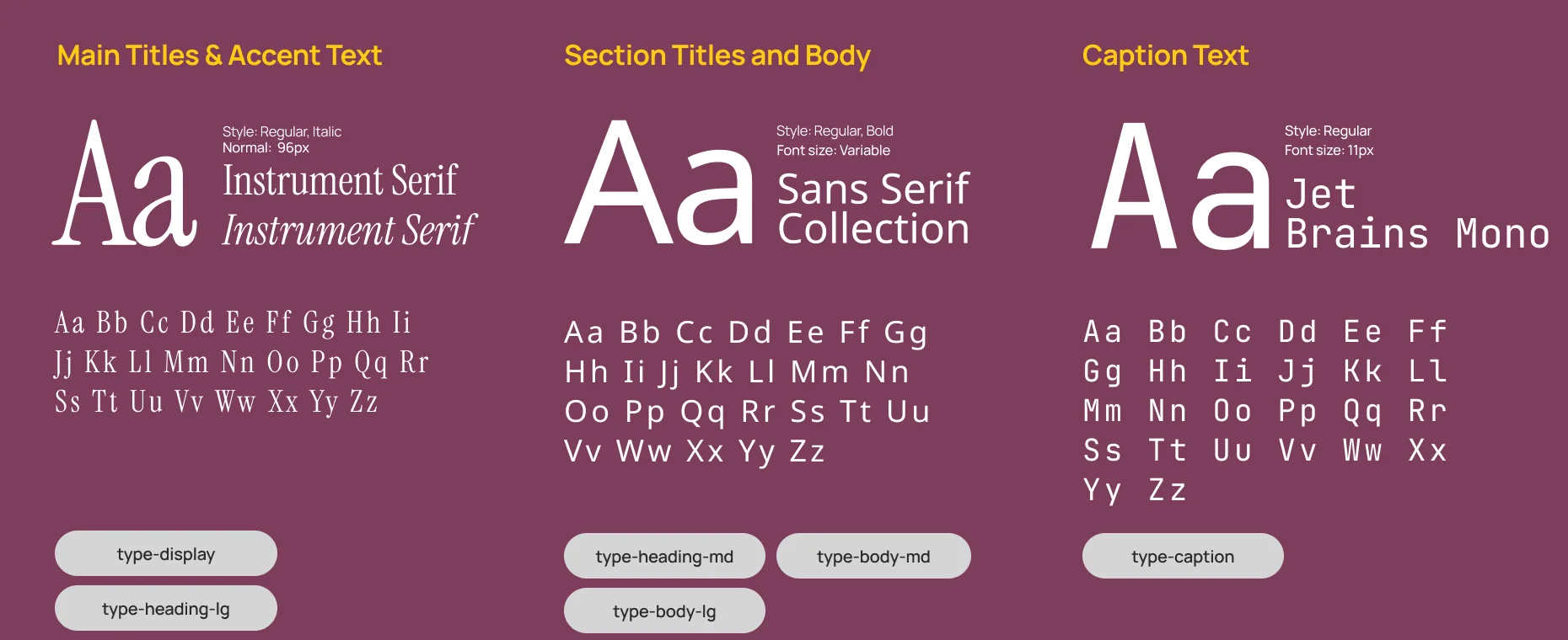 Typography: Instrument Serif for titles and accents, a sans-serif collection for section titles and body, JetBrains Mono for captions.