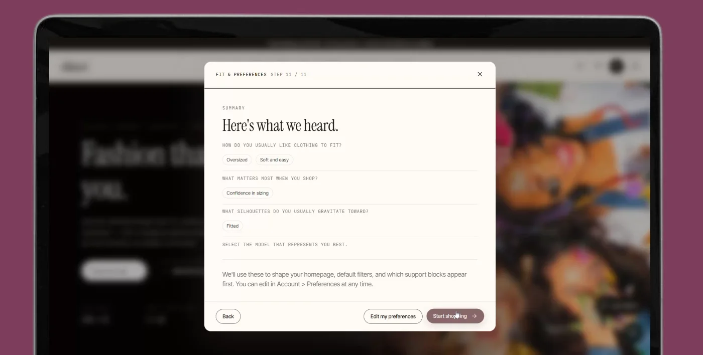 The fit quiz summary open over the homepage, reflecting the user’s answers back to them.