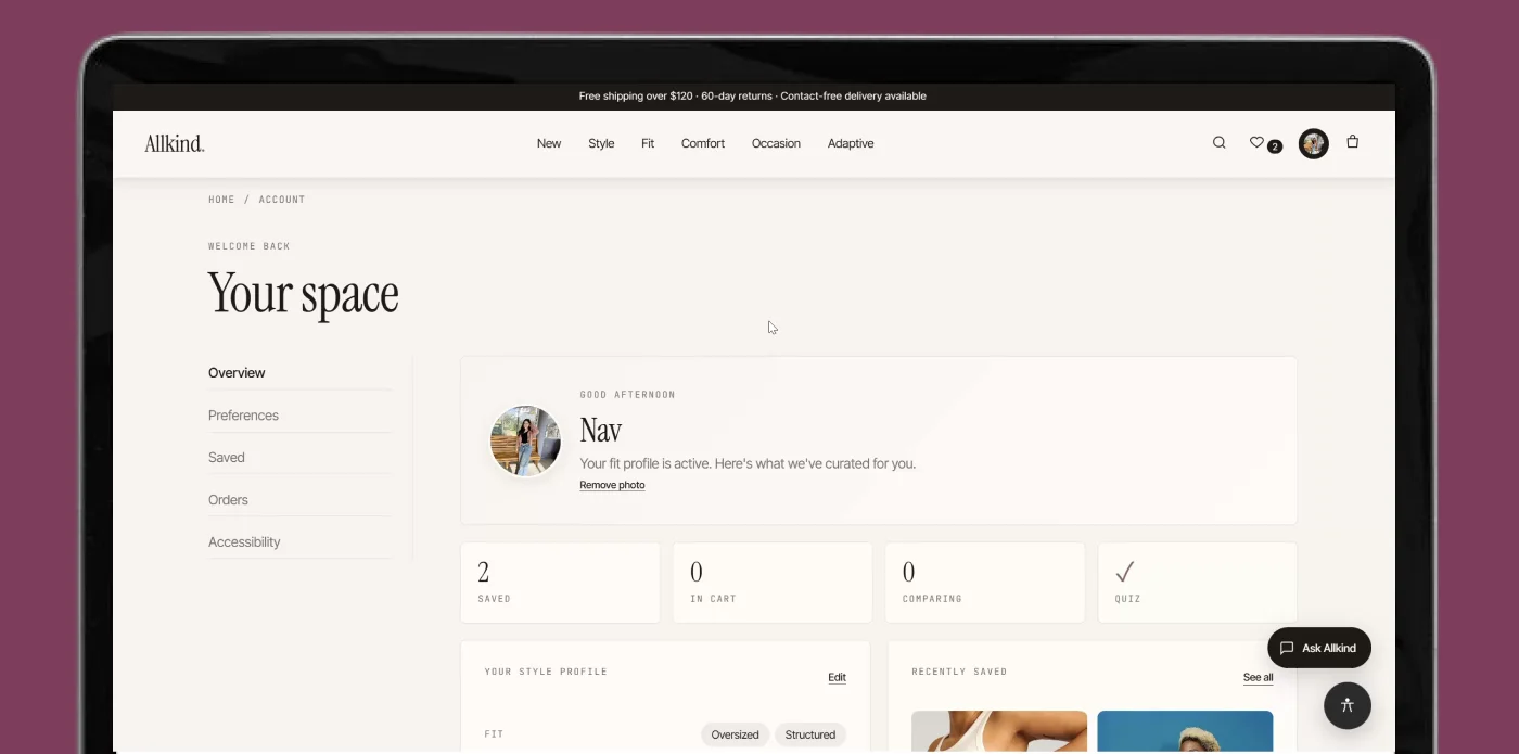The “Your space” profile dashboard showing the user’s saved preferences, saved items and recent activity.