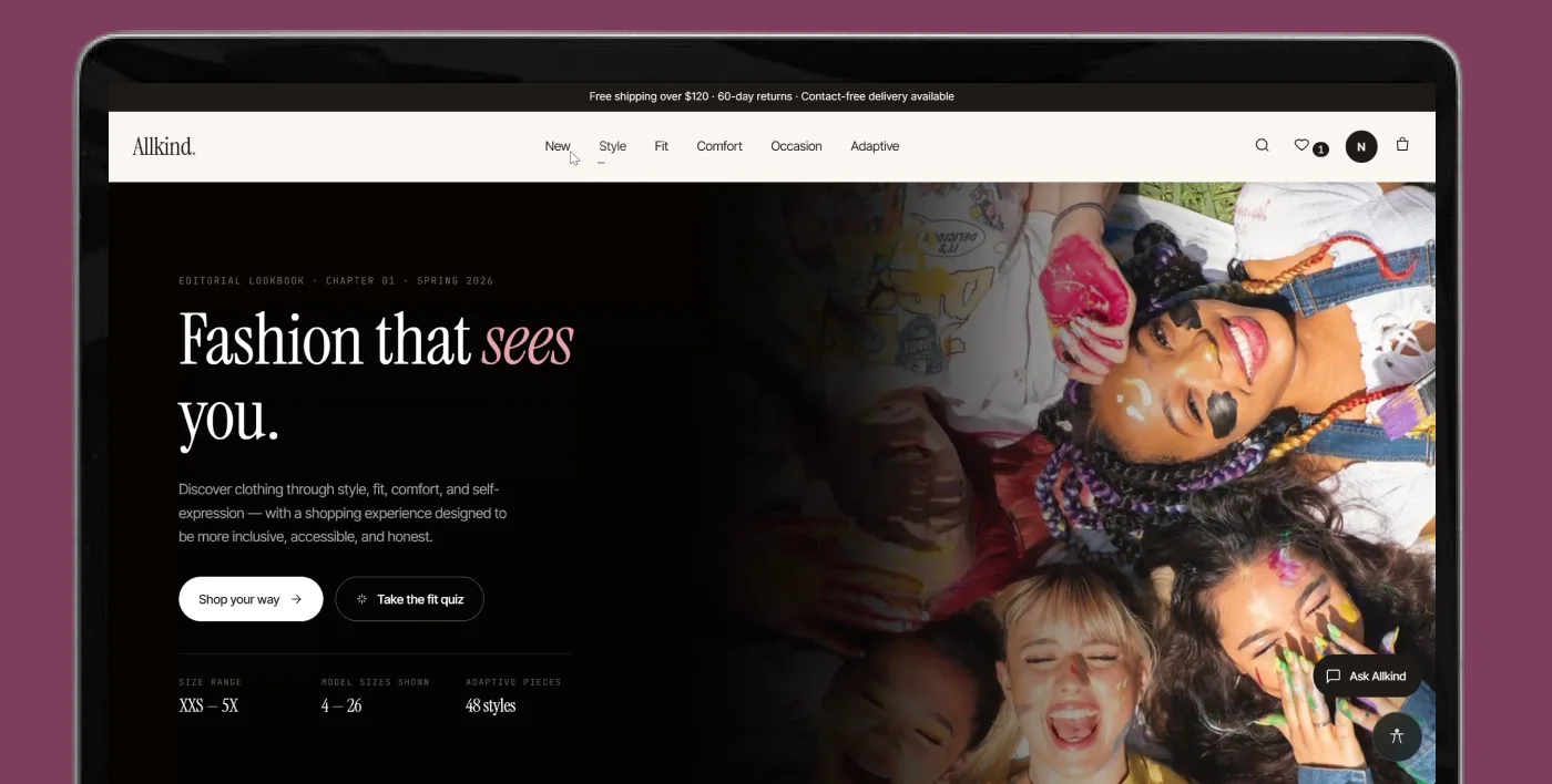 The Allkind homepage, “Fashion that sees you”, with navigation for New, Style, Fit, Comfort, Occasion and Adaptive.