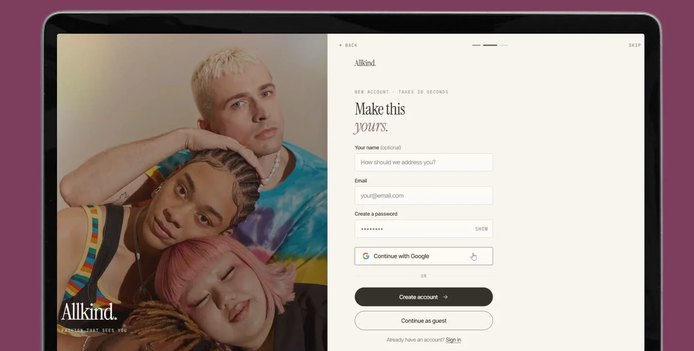 The Allkind sign-up screen, “Make this yours”, beside an editorial photo, with options to create an account or continue as a guest.