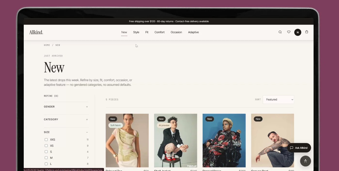 The New arrivals browse page with filters on the left and product cards that can be saved or compared.