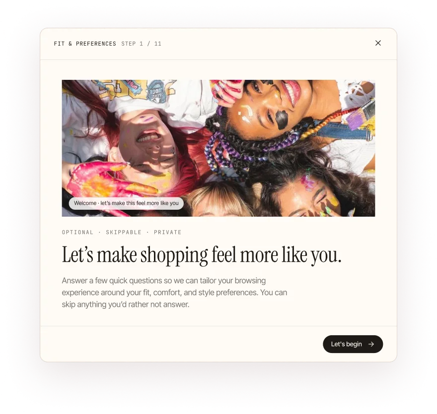 Fit quiz intro: “Let’s make shopping feel more like you,” with a short explanation and a Let’s begin button.