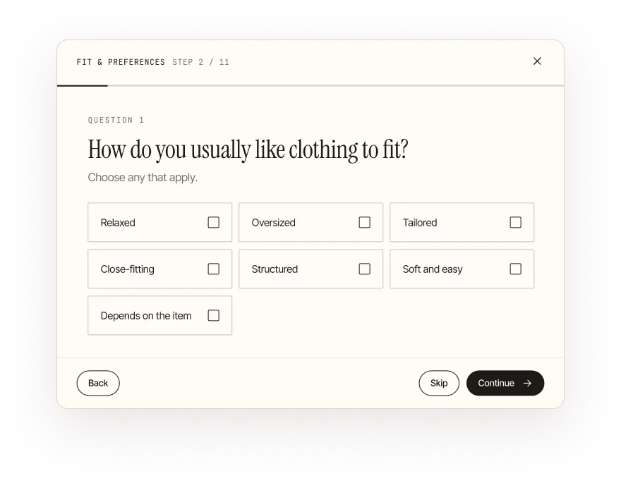 Fit quiz step: “How do you usually like clothing to fit?” with options such as relaxed, oversized and tailored.