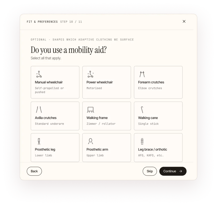 Optional fit quiz step: “Do you use a mobility aid?” with options like manual wheelchair, cane and walker.
