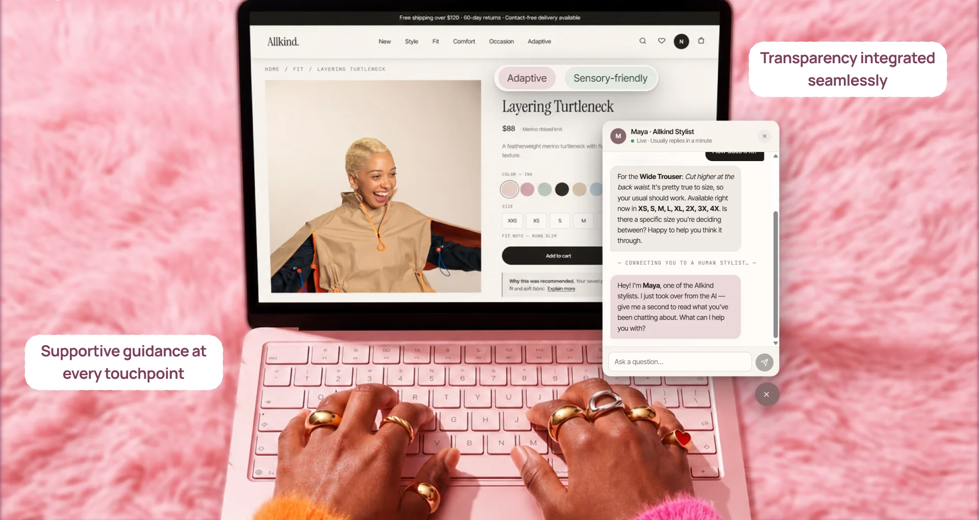 Hands typing on a pink laptop showing a product page with the AI assistant open: transparency integrated seamlessly, with supportive guidance at every touchpoint.