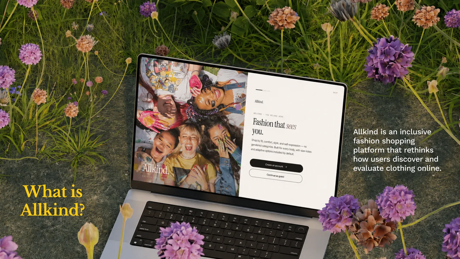 A laptop on a mossy lawn among pink flowers, showing the Allkind homepage with a collage of diverse people.