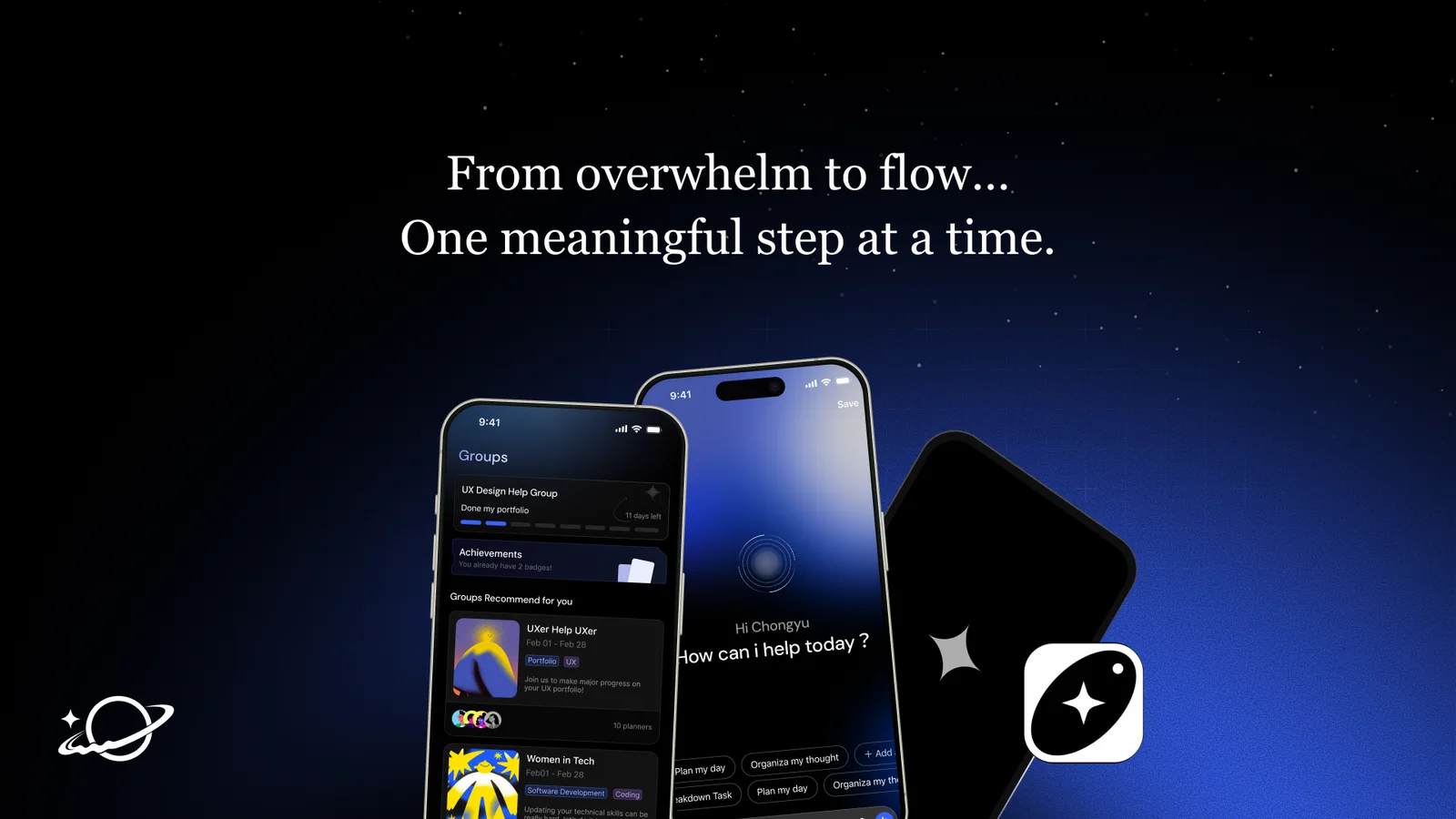 Cadence app screens on a deep blue starry background: the Groups screen and an AI assistant asking “How can I help today?”, next to the Cadence app icon.