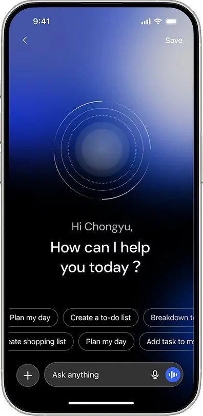 AI assistant screen with a glowing concentric-ring orb, greeting “Hi Chongyu, how can I help you today?” with prompt chips and an “Ask anything” input.