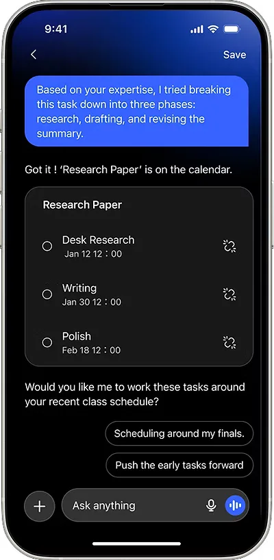 Assistant conversation breaking a research paper into three phases added to the calendar: Desk Research (Jan 12), Writing (Jan 30) and Polish (Feb 18), then offering to schedule around the user’s classes.