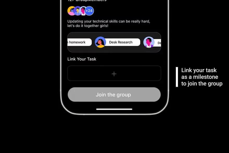 Close-up of the Focus Room’s lower half: a “Link your task” field above a disabled “Join the group” button.