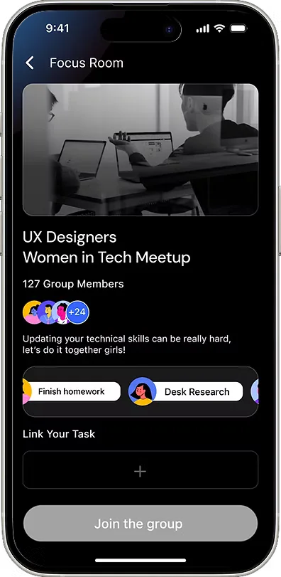 Focus Room for the “UX Designers Women in Tech Meetup” group, with 127 members and a feed of members’ current tasks above a “Link your task” field.