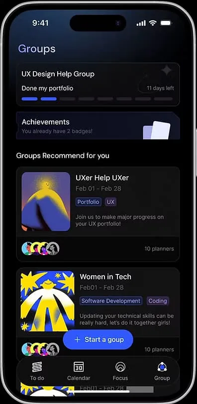 Groups screen with the active UX Design Help Group, an achievements card with two badges, and recommended groups, each with dates, tags and member avatars.