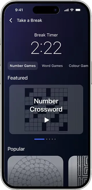 Take a Break screen with a 2:22 break timer, game categories (Number, Word, Colour) and a featured Number Crossword game.