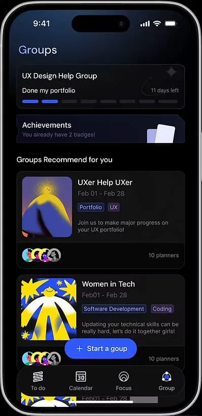 Cadence Groups screen showing the user’s active UX Design Help Group with progress and 11 days left, an achievements card, and recommended accountability groups such as “UXer Help UXer” and “Women in Tech”.