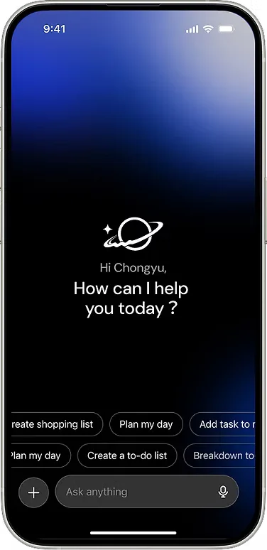 Cadence home screen with a dark blue gradient and planet icon, greeting the user with “Hi Chongyu, how can I help you today?” Suggested prompts like “Plan my day” and “Create a to-do list” sit above an “Ask anything” input with a mic button.