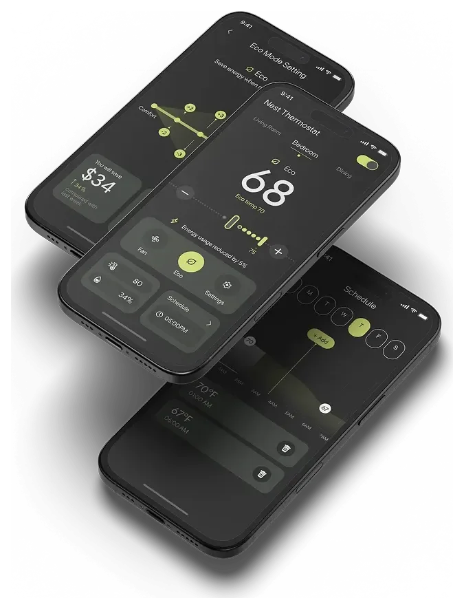 Two phones floating at an angle, showing the redesigned Nest app home screen at 68 degrees with eco mode on.