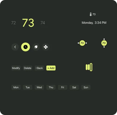 Thermostat UI components: a temperature scroller with 73 highlighted, a status readout, eco and fan icons, and day-of-week chips.