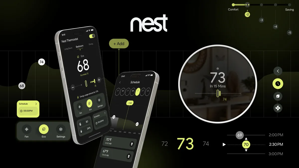 The redesigned Nest app on two phones beside the round thermostat display showing 73 degrees, with lime-green accents on black.