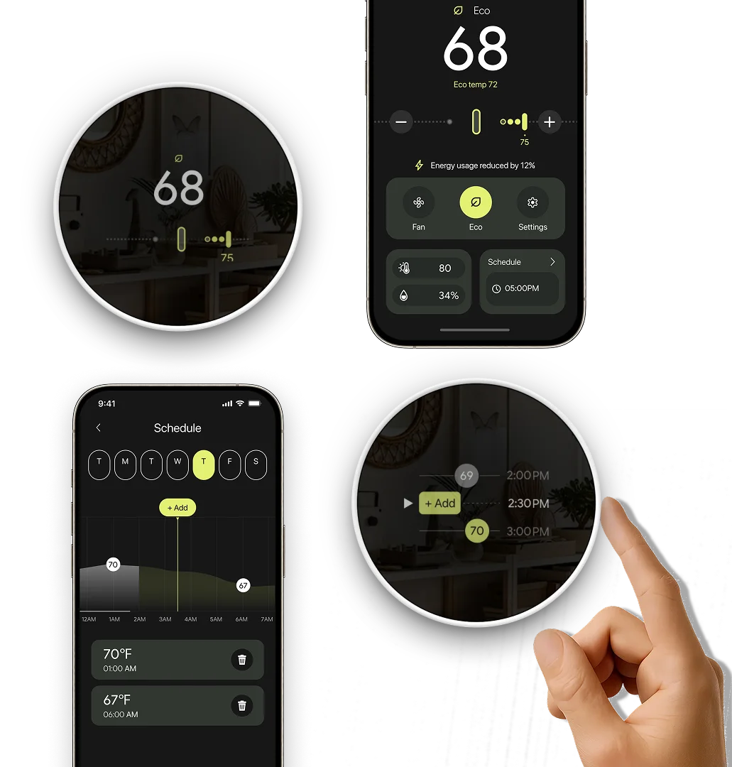 A hand reaching toward the round thermostat display, alongside the Nest app home and schedule screens.