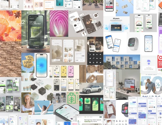 Moodboard collage of dark smart-home interfaces, devices, lifestyle photos and nature textures.
