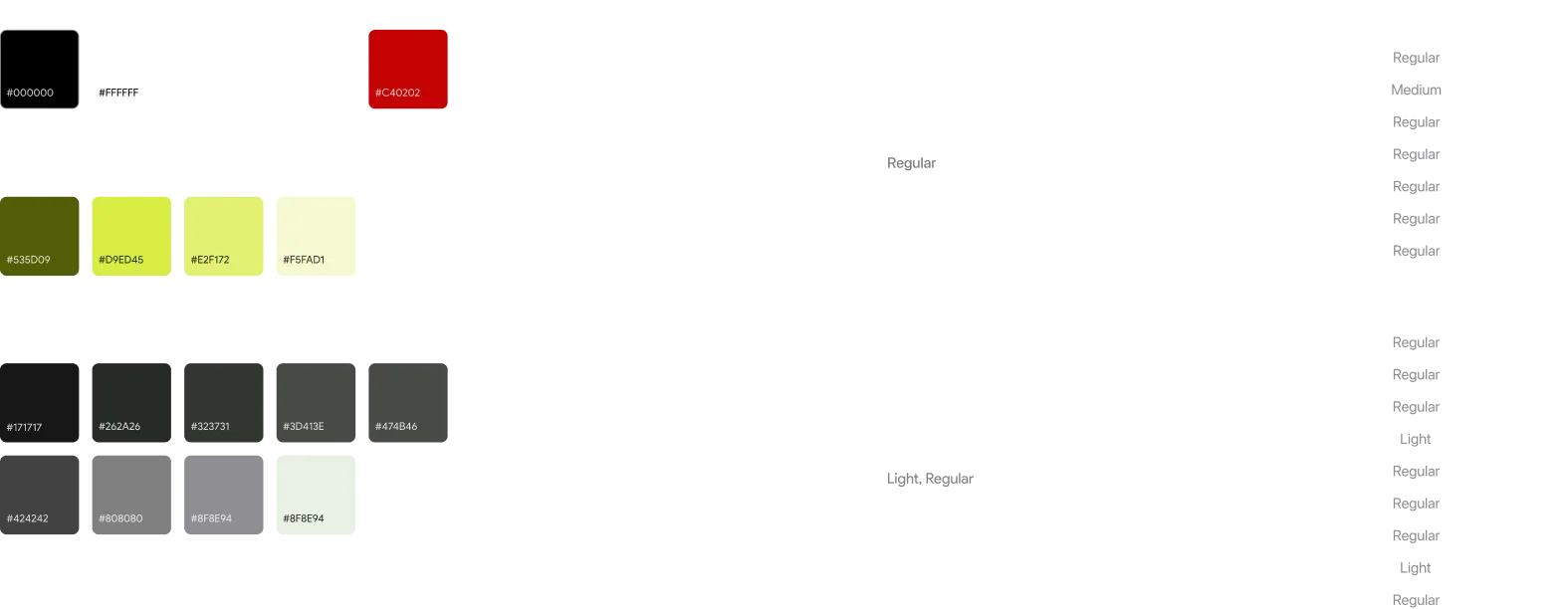 Style guide. Primary colours black and white; error red #C40202; accent greens #535D09, #D9ED45, #E2F172 and #F5FAD1; a grey scale; and the type scale.