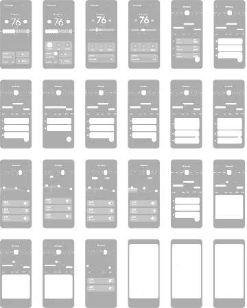 Grid of 24 low-fidelity mobile wireframes iterating on home temperature control and scheduling.