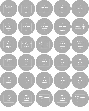 Grid of 30 low-fidelity circular wireframes for the thermostat display, exploring step-by-step flows.