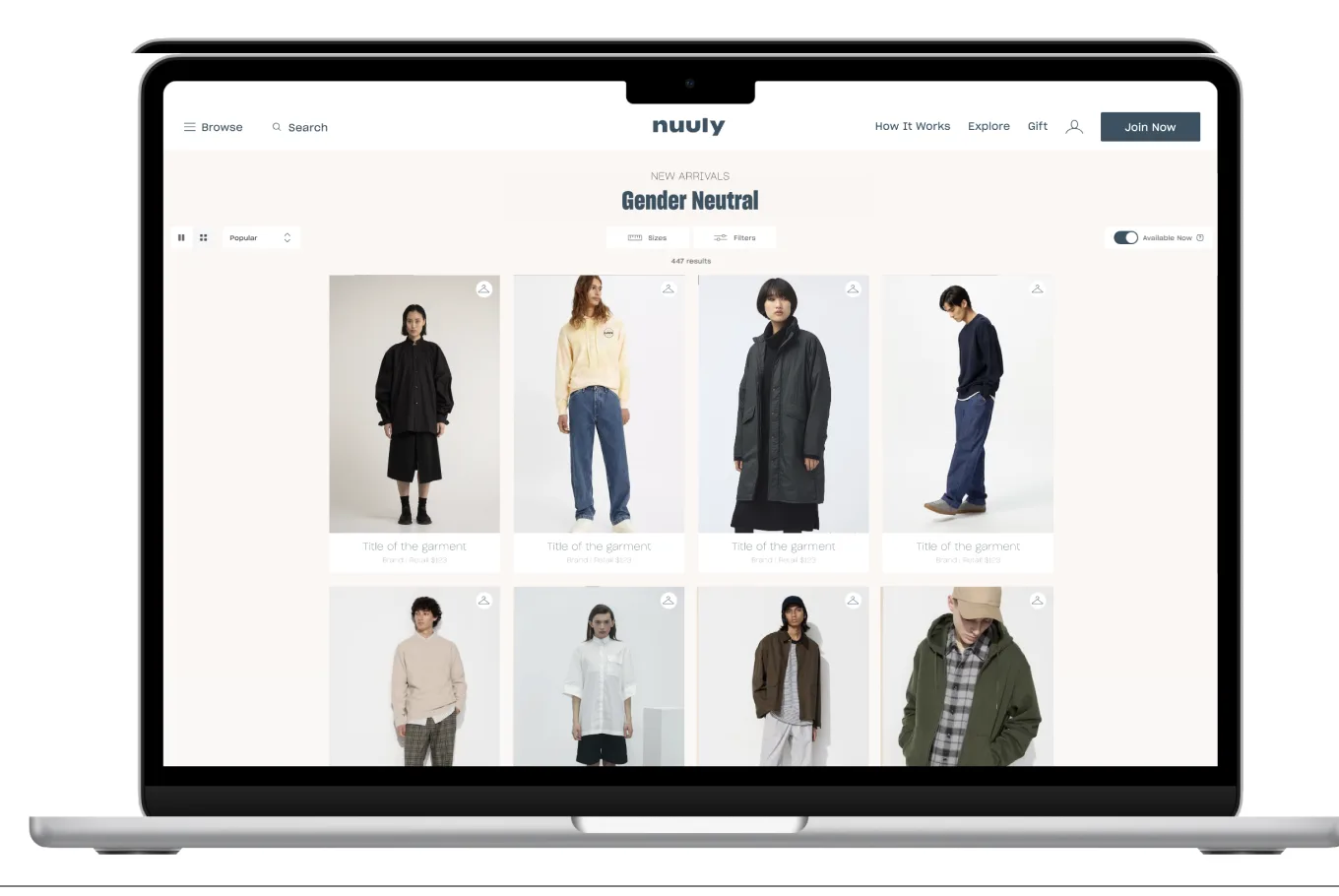 Laptop showing a Gender Neutral new-arrivals page with models of different identities.