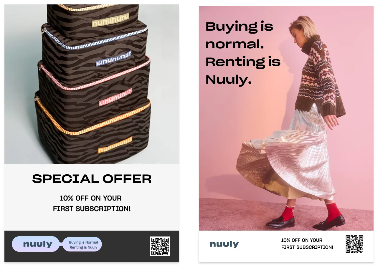 Two in-store posters: a stack of Nuuly bags with “Special offer, 10% off your first subscription”, and a model twirling in a skirt with “Buying is normal. Renting is Nuuly.”
