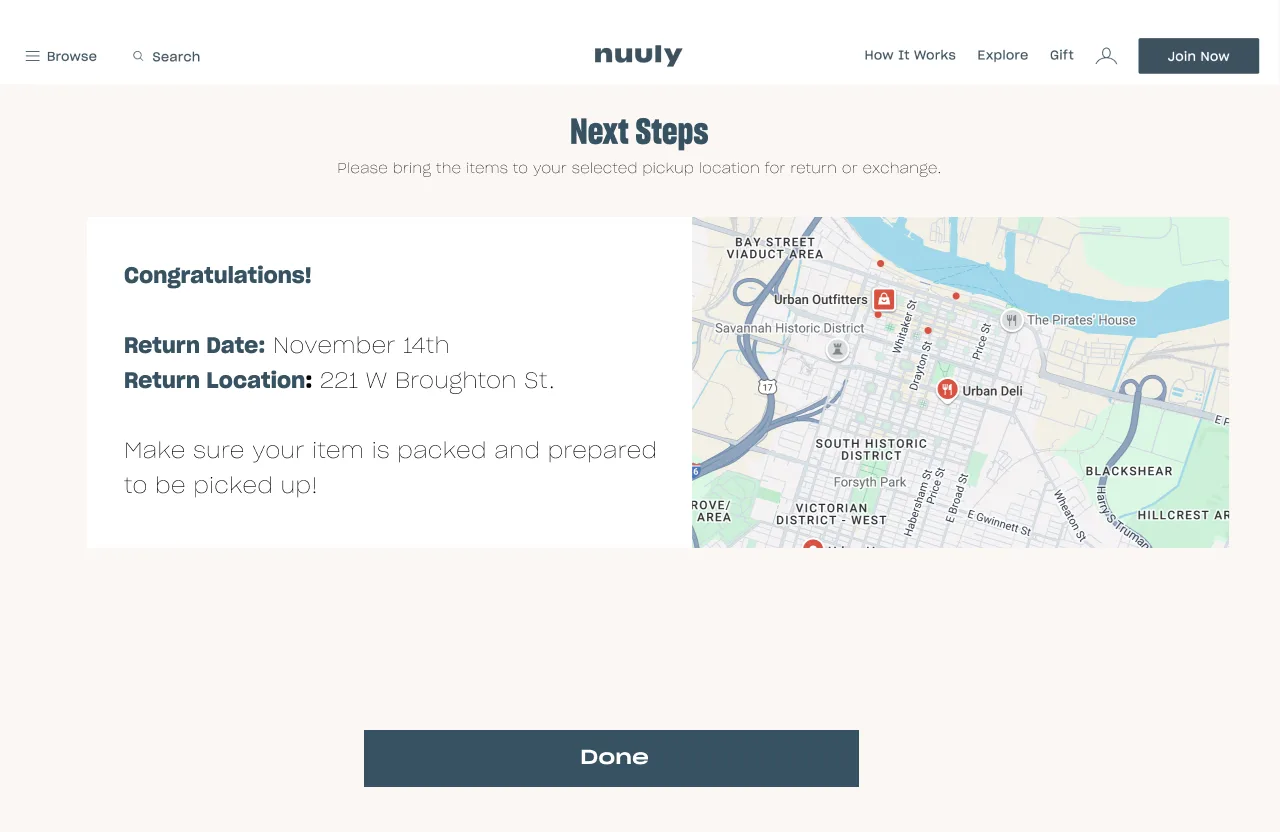 Next Steps confirmation with the return date and store address.