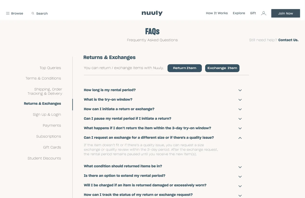 FAQ page for returns and exchanges, with Return Item and Exchange Item buttons.