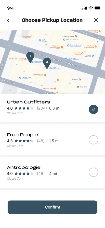 Mobile screen: choose a pickup location from Urban Outfitters, Free People or Anthropologie on a map.