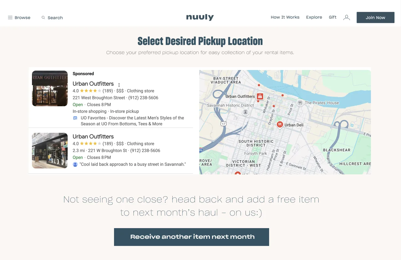 Select Desired Pickup Location: nearby Urban Outfitters stores on a map, or receive another item next month.