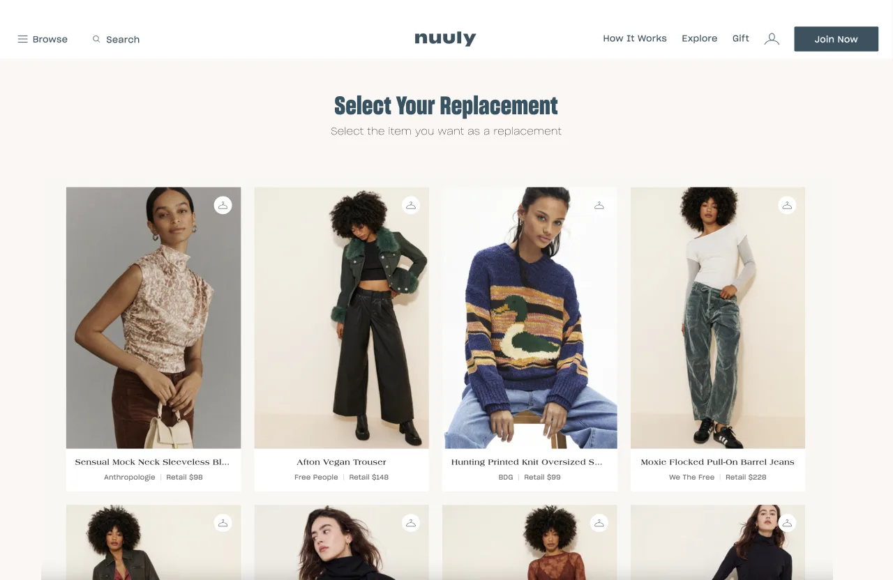Select Your Replacement: a grid of clothing to choose from.