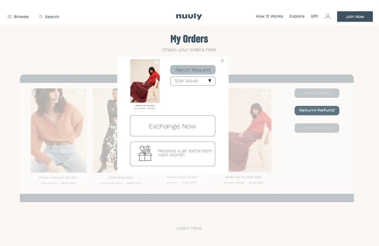 My Orders: a return request for a size issue, with Exchange Now or receive an extra item next month.