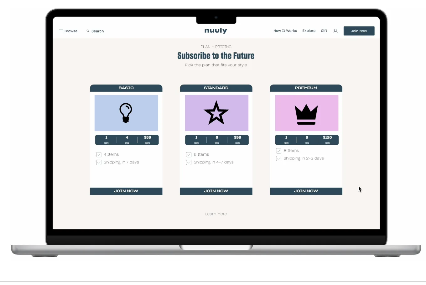 Laptop showing Subscribe to the Future with Basic, Standard and Premium plans.