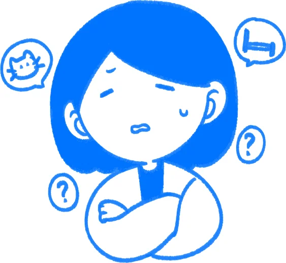 Ava with crossed arms, surrounded by question marks, a pet and a bed icon.