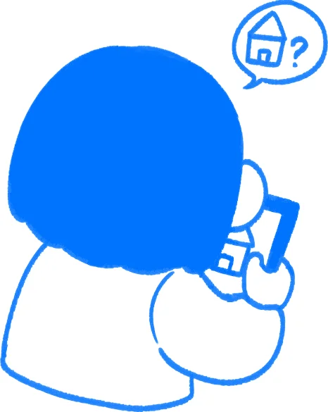 Ava from behind, staring at her phone with a house and question mark above her.