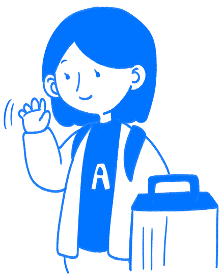 Ava, the persona: a young woman with a backpack, waving while pulling a rolling suitcase.